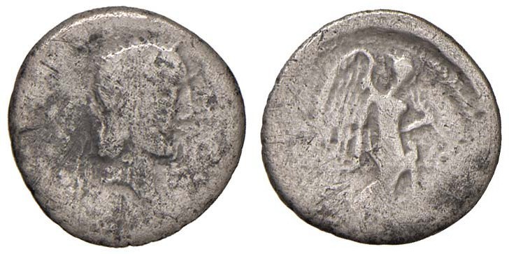 Calpurnia - L. Piso Frugi - Quinario (64 a.C.) Testa di Apollo a d. - R/ La Vitt...