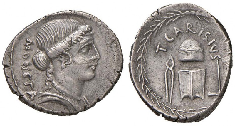Carisia - T. Carisius - Denario (46 a.C.) Testa di Giunone Moneta a d. - R/ Stru...