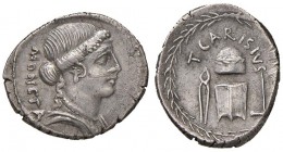 Carisia - T. Carisius - Denario (46 a.C.) Testa di Giunone Moneta a d. - R/ Strumenti per battere moneta in corona d'alloro - Cr. 464/2 AG (g 4,17) Ex...