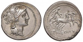 Claudia - Ap. Claudius Pulcher - Denario (111-110 a.C.) Testa di Roma a d. - R/ La Vittoria su triga - B. 2; Cr. 299/1a AG (g 3,89) Ex Artemide 24, lo...
