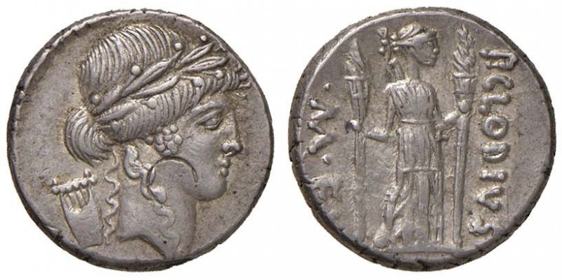 Clodia - P. Clodius M. f. Turrinus - Denario (42 a.C.) Testa di Apollo a d. - R/...