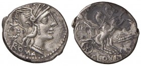 Cloulia - T. Cloulius - Denario (128 a.C.) Testa di Roma a d. - R/ La Vittoria su biga a d. - B. 1; Cr. 260/1 AG (g 3,88) Ossidazione al R/
BB+