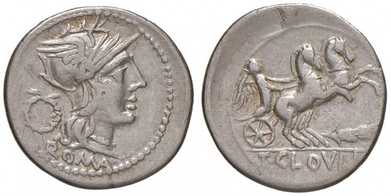 Cloulia - T. Cloulius - Denario (128 a.C.) Testa di Roma a d. - R/ La Vittoria s...