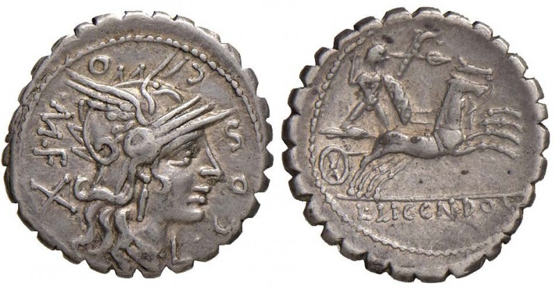 Cosconia - L. Cosconius M. f. - Denario (118 a.C.) Testa di Roma a d. - R/ Il re...