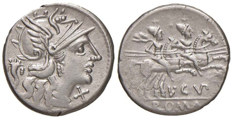 Cupiennia - L. Cupiennius - Denario (147 a.C.) Testa di Roma a d., dietro, cornu...