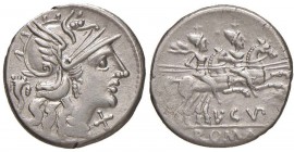 Cupiennia - L. Cupiennius - Denario (147 a.C.) Testa di Roma a d., dietro, cornucopia - R/ I Dioscuri a cavallo a d. - B. 1; Cr. 218/1 AG (g 4,00) Ex ...