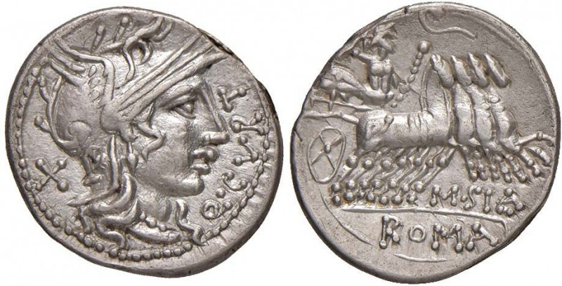 Curtia - Q. Curtius - Denario (116-115 a.C.) Testa di Roma a d. - R/ Giove su qu...