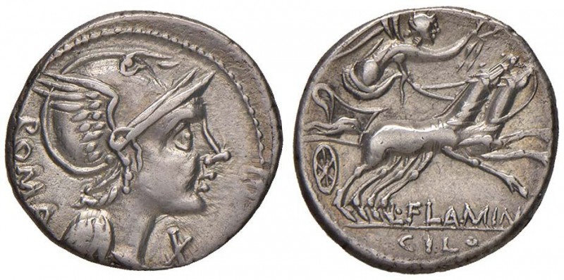 Flaminia - L. Flaminius Chilo - Denario (109-108 a.C.) Testa di Roma a d. - R/ L...