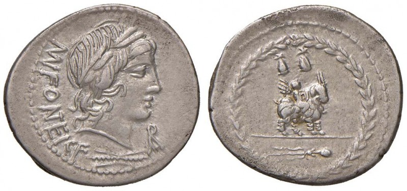 Fonteia - Mn. Fonteius C. f. - Denario (85 a.C.) Testa di Apollo a d., davanti, ...