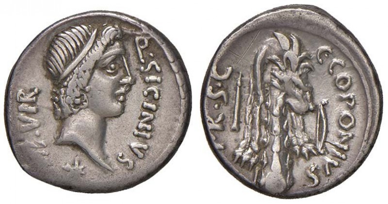 Sicinia - Q. Sicinius e C. Coponius - Denario (49 a.C.) Testa di Apollo a d. - R...