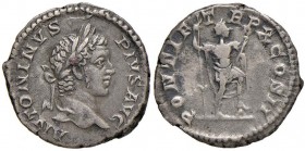 Caracalla (211-217) Denario - Busto laureato a d. - R/ L'imperatore stante con lancia a d. - RIC 95 AG (g 3,32)
BB