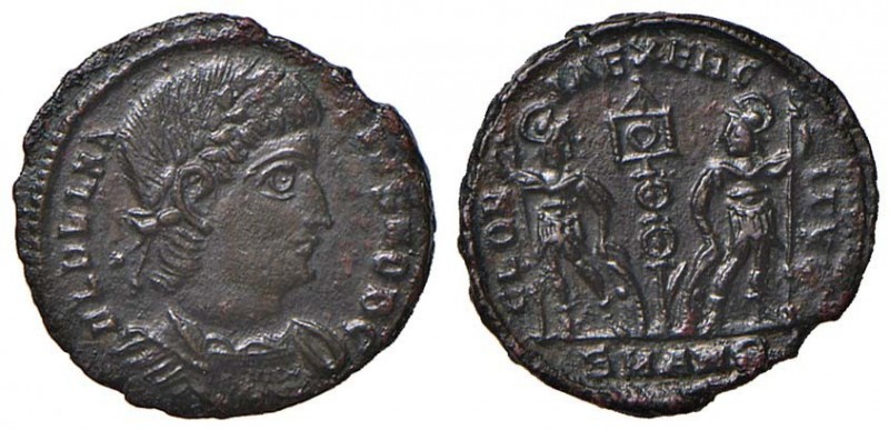 Delmazio (335-337) Follis (Antiochia) - Busto laureato a d. - R/ Due soldati sta...