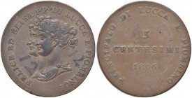 LUCCA Elisa Bonaparte e Felice Baciocchi (1805-1814) 5 Centesimi 1806 - Gig. 9 CU (g 9,30) Numeri scritti in nel campo al D/
BB