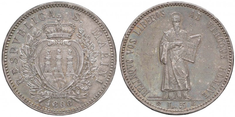 SAN MARINO 5 Lire 1898 - Gig. 17 AG (g 24,94) Graffi e segni da contatto su ambi...