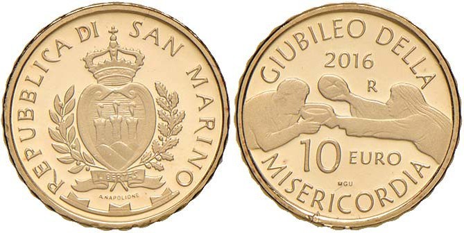 SAN MARINO 10 Euro 2016 - AU Giubileo della Misericordia. In astuccio originale...