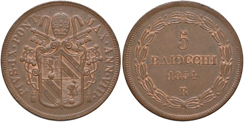 PIO IX (1846-1870) 5 Baiocchi 1854 A. VIII - Nomisma 775 CU (g 39,62) Zone di ra...