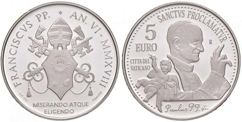 Francesco (2013-) 5 Euro 2018 - AG Canonizzazione di Papa Paolo VI. In astuccio ...