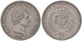 Carlo Felice (1821-1831) 5 Lire 1827 T - Nomisma 567 AG Colpi al bordo, graffi al R/
MB+