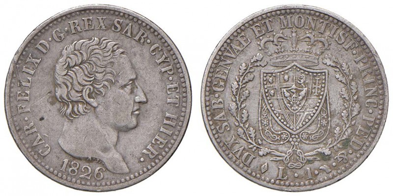 Carlo Felice (1821-1831) Lira 1826 T - Nomisma 591 AG Graffietti al D/, ossidazi...