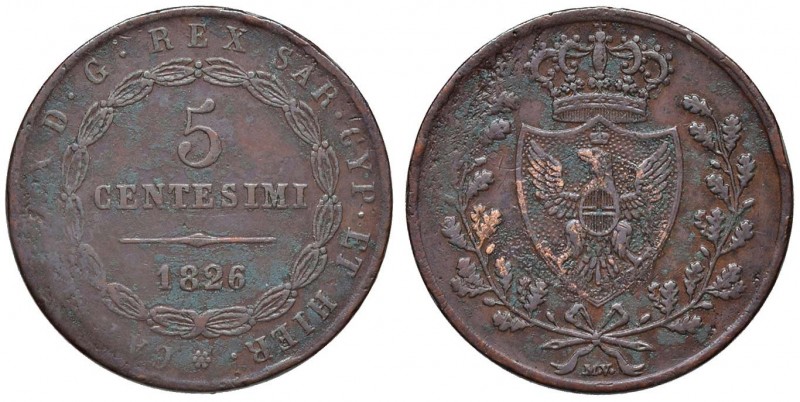 Carlo Felice (1821-1831) 5 Centesimi 1826 - Nomisma 838 CU Senza segno di zecca...