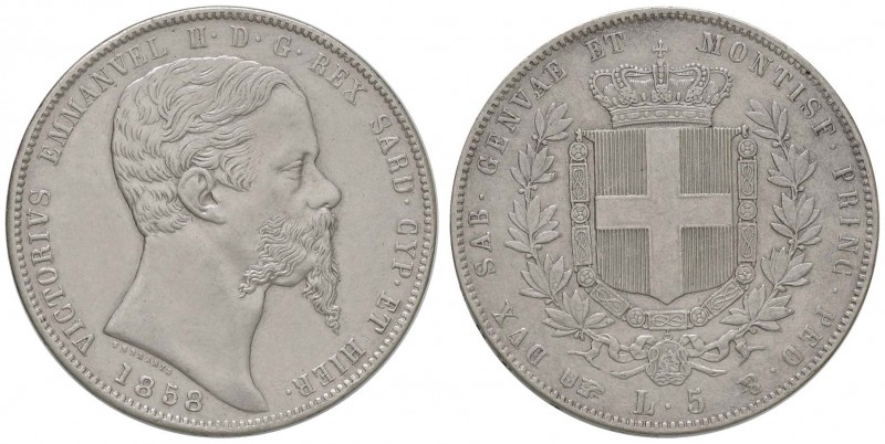 Vittorio Emanuele II (1849-1860) 5 Lire 1858 T - Nomisma 787 AG RRR Capelli e ba...