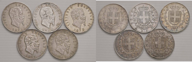 Vittorio Emanuele II (1861-1878) 5 Lire 1861 M, 1872 M, 1873 M, 1874 M e 1875 R ...