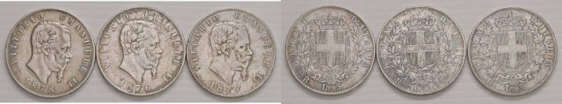 Vittorio Emanuele II (1861-1878) 5 Lire 1876 R, 1877 R e 1878 R - AG Lotto di tr...