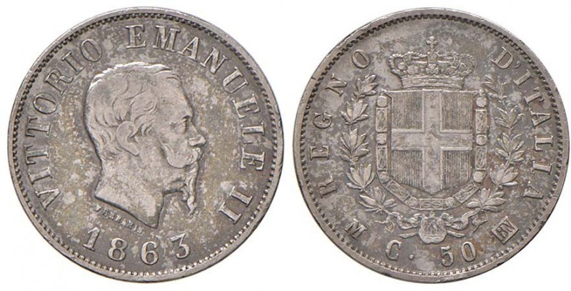 Vittorio Emanuele II (1861-1878) 50 Centesimi 1863 M stemma - Nomisma 923 AG R
...