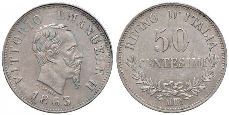 Vittorio Emanuele II (1861-1878) 50 Centesimi 1863 M valore - Nomisma 925 AG Luc...