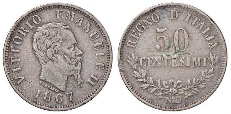 Vittorio Emanuele II (1861-1878) 50 Centesimi 1867 N valore - Nomisma 930 AG Col...