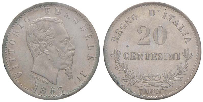 Vittorio Emanuele II (1861-1878) 20 Centesimi 1863 M valore - Nomisma 933 AG Sig...