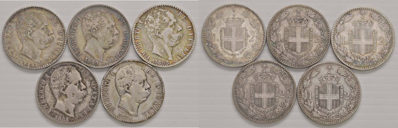 Umberto I (1878-1900) 2 Lire 1884, 1885, 1887, 1898 e 1899 - AG Lotto di cinque ...