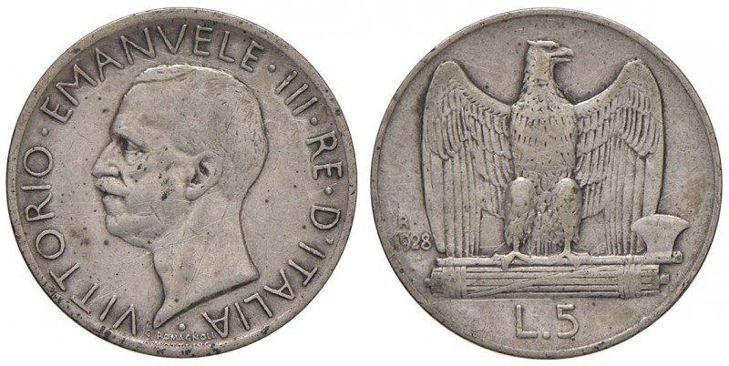 Vittorio Emanuele III (1900-1946) 5 Lire 1928** - Nomisma 1135 AG Graffi pesanti...