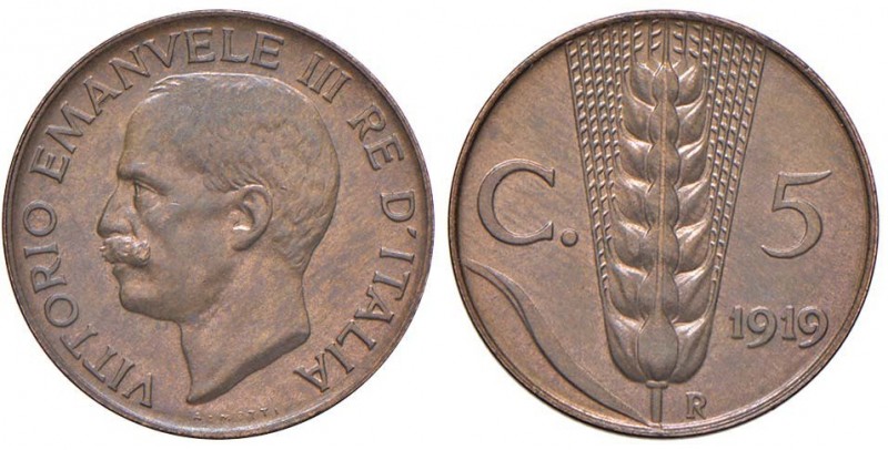 Vittorio Emanuele III (1900-1946) 5 Centesimi 1919 - Nomisma 1349 CU Minimi hair...