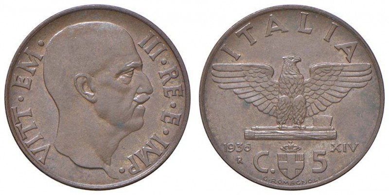 Vittorio Emanuele III (1900-1946) 5 Centesimi 1936 Impero - Nomisma 1368 CU
 qF...