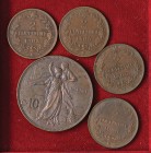Vittorio Emanuele III (1900-1946) 2 Centesimi 1903, 1905, 1906, 1908 e 10 centesimi 1911. Lotto di cinque monete come da foto
BB-qFDC