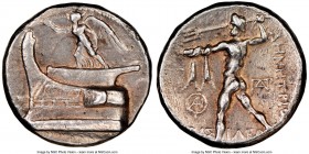 MACEDONIAN KINGDOM. Demetrius I Poliorcetes (306-283 BC). AR tetradrachm (24mm, 17.01 gm, 1h). NGC XF 4/5 - 3/5, brushed. Tarsus, ca. 298-295 BC. Nike...
