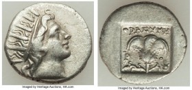 CARIAN ISLANDS. Rhodes. Ca. 88-84 BC. AR drachm (14mm, 2.20 gm, 12h). Choice VF. Plinthophoric standard, Thrasymedes, magistrate. Radiate head of Heli...