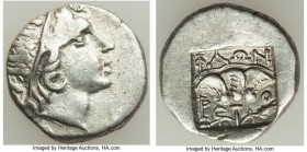 CARIAN ISLANDS. Rhodes. Ca. 88-84 BC. AR drachm (14mm, 2.03 gm, 11h). Choice VF. Plinthophoric standard, Philon, magistrate. Radiate head of Helios ri...