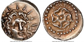 CARIAN ISLANDS. Rhodes. Ca. 84-30 BC. AR drachm (19mm, 4.28 gm, 7h). NGC AU 4/5 - 4/5. Aineas, magistrate. Radiate head of Helios facing, turned sligh...