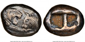 LYDIAN KINGDOM. Croesus (561-546 BC). AR half-stater or siglos (20mm). NGC Choice VF. Sardes. Confronted foreparts of lion right and bull left, both w...