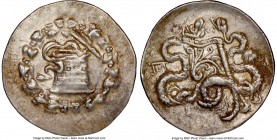 PHRYGIA. Apameia. Ca. 166-133 BC. AR cistophorus (29mm, 12h). NGC XF. Ca. 150-140 BC. Serpent emerging from cista mystica; all within ivy wreath / Bow...