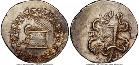 PHRYGIA. Apameia. Ca. 166-133 BC. AR cistophorus (29mm, 12h). NGC XF. Ca. 160-150 BC. Serpent arising from cista mystica; all within ivy wreath / Two ...