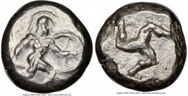 PAMPHYLIA. Aspendus. Ca. mid-5th century BC. AR stater (17mm). NGC XF. Helmeted nude hoplite warrior advancing right, shield in left hand, spear forwa...