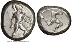 PAMPHYLIA. Aspendus. Ca. mid-5th century BC. AR stater (19mm). NGC Choice VF. Ca. 465-430 BC. Helmeted nude hoplite advancing right, spear forward in ...