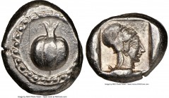 PAMPHYLIA. Side. Ca. 5th century BC. AR stater (21mm, 10h). NGC Choice XF, scratches. Ca. 430-400 BC. Pomegranate; guilloche beaded border / Head of A...