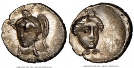 CILICIA. Uncertain mint. Ca. 4th century BC. AR tetartemorion (6mm, 6h). NGC AU S. Draped bust of Athena facing, turned slightly left, wearing triple-...
