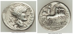 Q. Curtius and M. Silanus (ca. 116-115 BC). AR denarius (21mm, 3.70 gm, 6h). VF. Rome. Q•CVRT, head of Roma right, wearing winged helmet decorated wit...