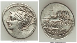 L. Appuleius Saturninus (ca. 104 BC). AR denarius (21mm, 3.91 gm, 7h). Choice VF. Rome. Head of Roma left, wearing winged helmet decorated with griffi...