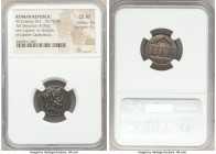 M. Volteius M.f. (ca. 78/75 BC). AR denarius (19mm, 4.05 gm, 6h). NGC Choice XF 4/5 - 4/5. Rome. Laureate head of Jupiter right / M•VOLTEI•M•F, temple...